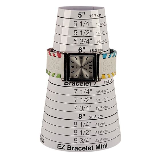 Silver Quartz Watch with Embossed Cuff White Leather Strap and Multicolor Design - Picture 10 of 16